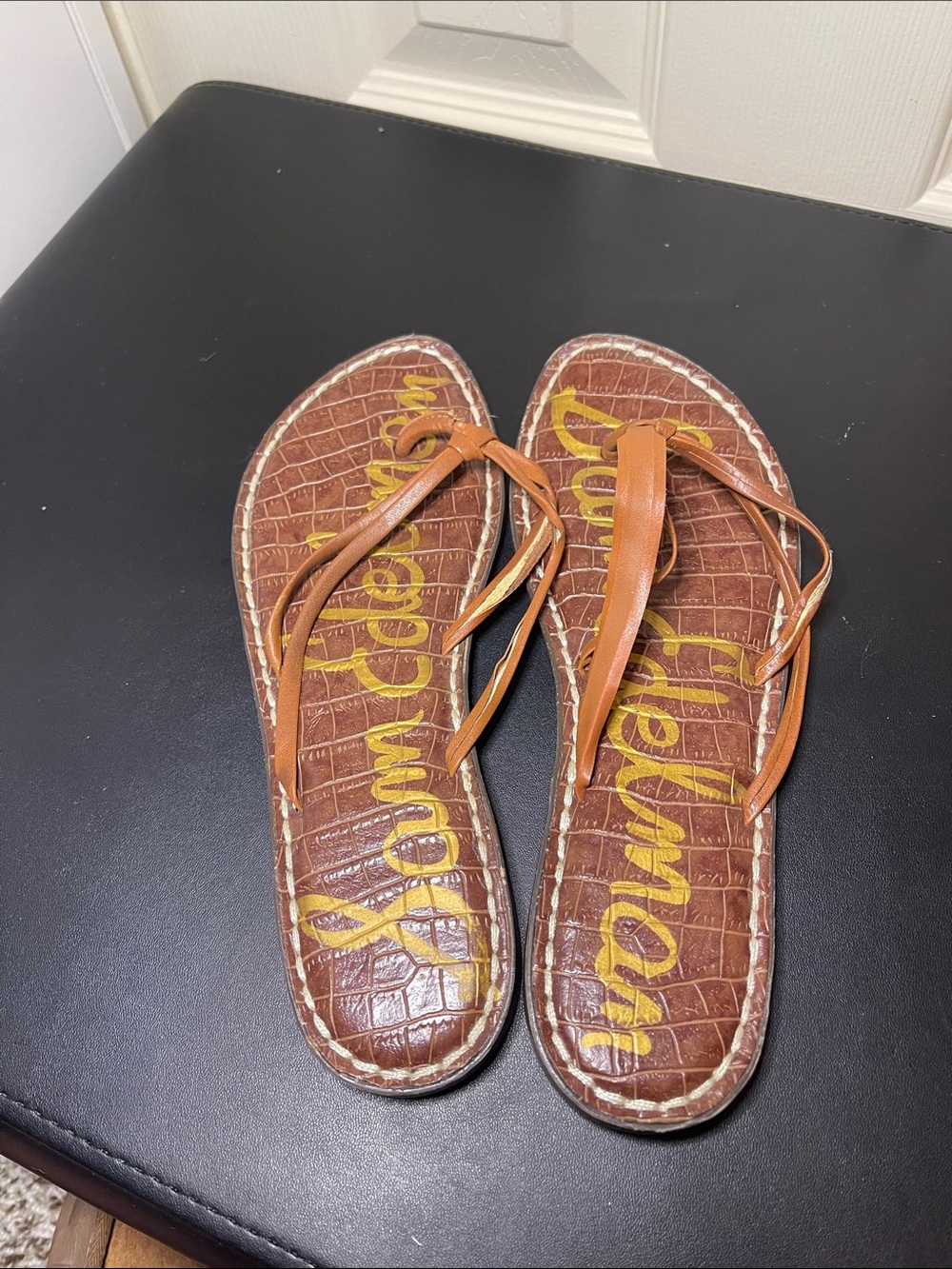Sam Edelman Brown and Tan Croc-Texture Thong Sandals